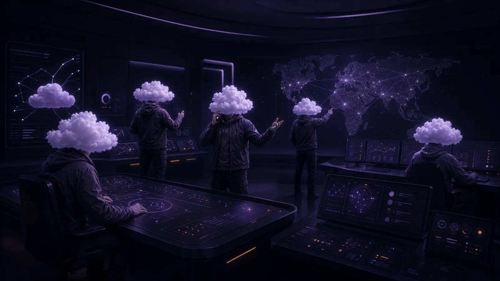 Cloud-headed operations specialists coordinating managed cloud systems in a dark control room.